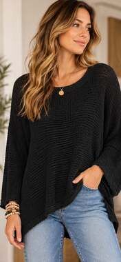 She + Sky Black Open Knit Oversized Sweater – Large